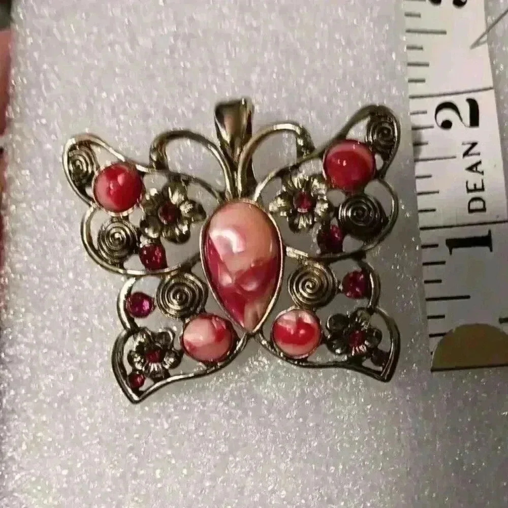 Vintage RMN Butterfly Floral Pendant Pink Silver Trim 2